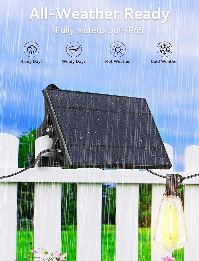 Brightever 60FT Solar String Lights Outdoor Waterproof, Patio Lights Solar Powered with Remote, 25+1 Shatterproof ST38 LED Bulbs 3 Lighting Modes, Dimmable Solar Lights for House, Market, Bistro