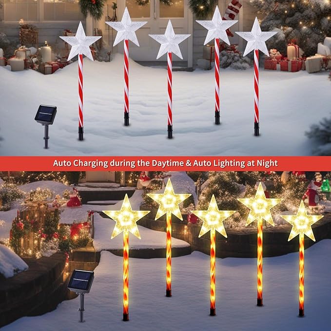 BRIGHTDECK Christmas Solar Pathway Lights Outdoor Decorations, Modes Star Candy Lights Waterproof Led Garden Stake Light for Walkway Yard Lawn Porch Holiday Decor 5-Pack (Red Tube Star, 5 Pack)