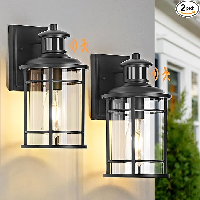 OKELI Motion Sensor Outdoor Wall Lights-Dusk to Dawn Porch Light,Black Outdoor Lights Fixture,3 Lighting Modes Waterproof Anti-Rust Outdoor Lights for House Porch Garage (2 Pack