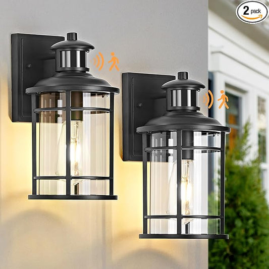 OKELI Motion Sensor Outdoor Wall Lights-Dusk to Dawn Porch Light,Black Outdoor Lights Fixture,3 Lighting Modes Waterproof Anti-Rust Outdoor Lights for House Porch Garage (2 Pack