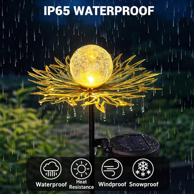 Solar Garden Lights Outdoor Decor, Metal Flower Stake Light with Warm White Crackle Glass Globe, Waterproof Decorative Solar Yard Art for Patio Lawn Backyard Pathway, Gardening Gift(Gold)