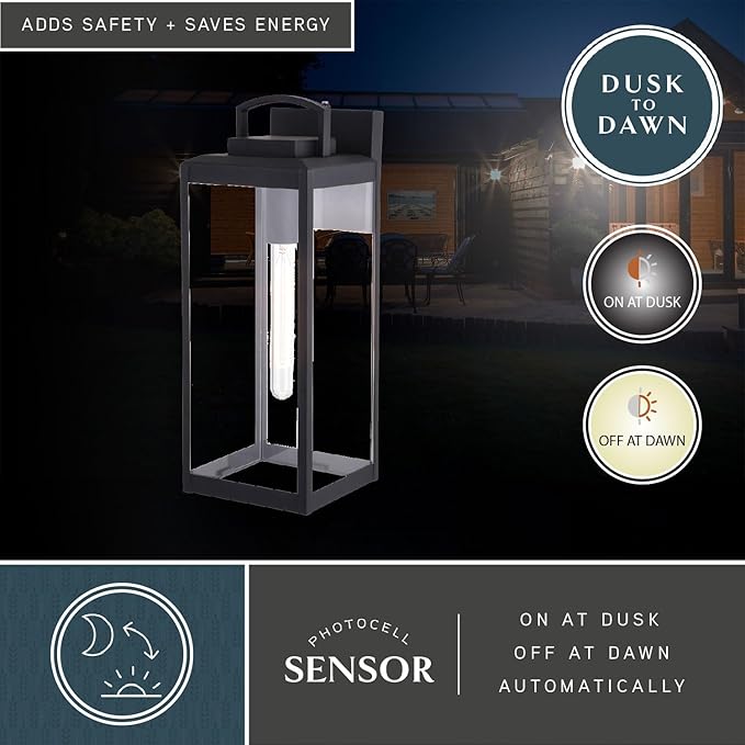 VAXCEL Kinzie Outdoor Porch Light, 7" W x 19" H Black Outdoor Lantern, Modern Dusk to Dawn Wall Light for Porch | Lumora