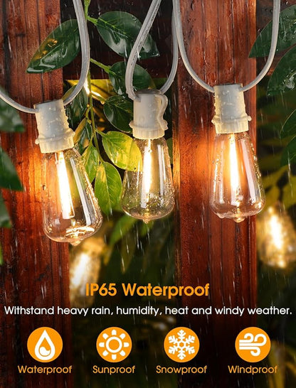 50FT(2x25FT) Outdoor String Lights, Patio Lights with 20+2 LED Dimmable Waterproof ST38 Vintage Bulbs for Wedding Garden Party Decor, White
