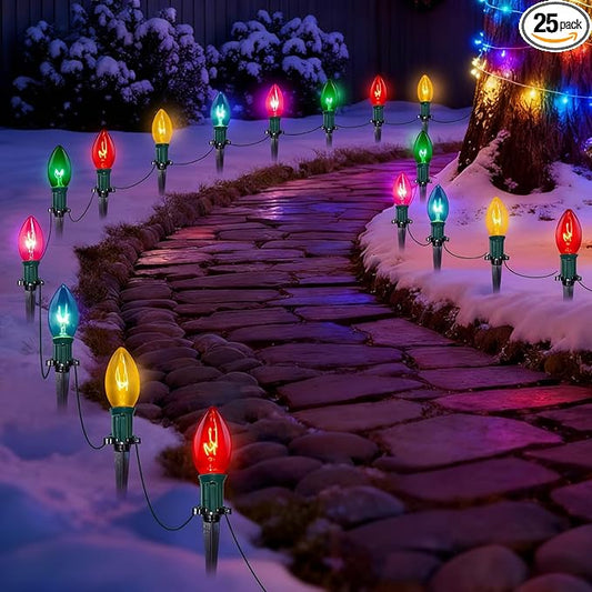 38FT C9 Christmas Stake Lights Outdoor,25 Pack Weatherproof Christmas Pathway Lights with C9 Multicolor Bulbs and Stakes for Garden Lawn Backyard Snowfield Xmas Decorations