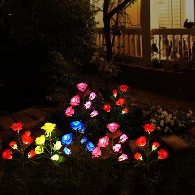 Homeleo [Upgraded 6 Flowers] Garden Solar Decorative Lights, Outdoor Waterproof Realistic Artificial Rose Flowers for Backyard Pathway Porch Step Memorial Cemetery Gravesite Decor, Red