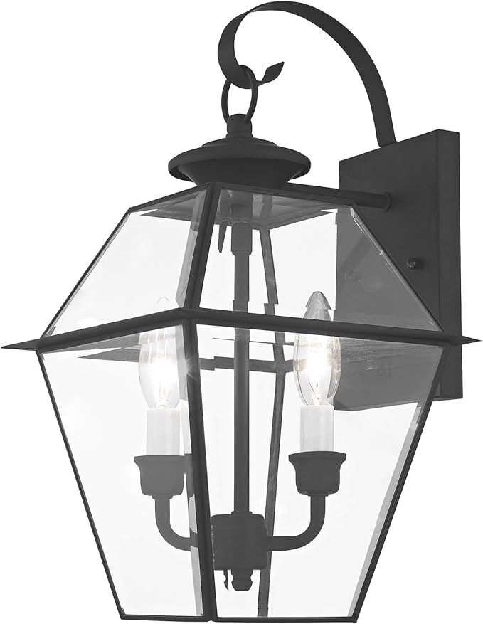 Livex Lighting 2281-04 Westover 2 Light Outdoor Black Finish Solid Brass Wall Lantern with Clear Beveled Glass