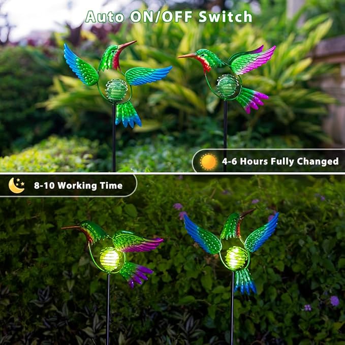 Hummingbird Solar Garden Stakes Lights 2 Pack,Solar Hummingbird Bird Figurine Outdoor Lights for Spring Garden Pathway Lawn Yard Decoration