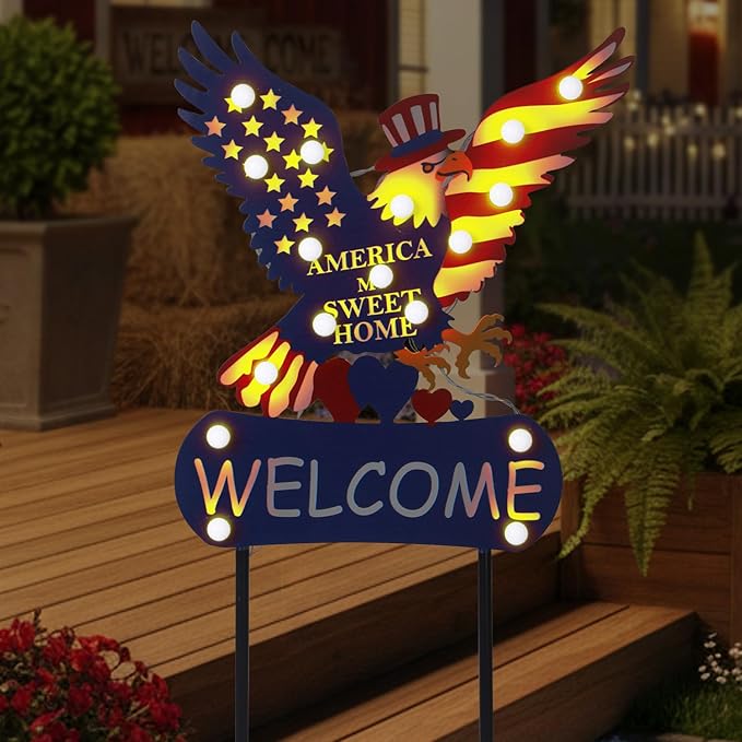 Solar Garden Lights Outdoor Patriotic Decor Eagle Garden Stakes with 17 String Light Bulbs and Welcome Sign for Yard, Fourth of July Decorations for Memorial Day Solar Landscape Lights 46"
