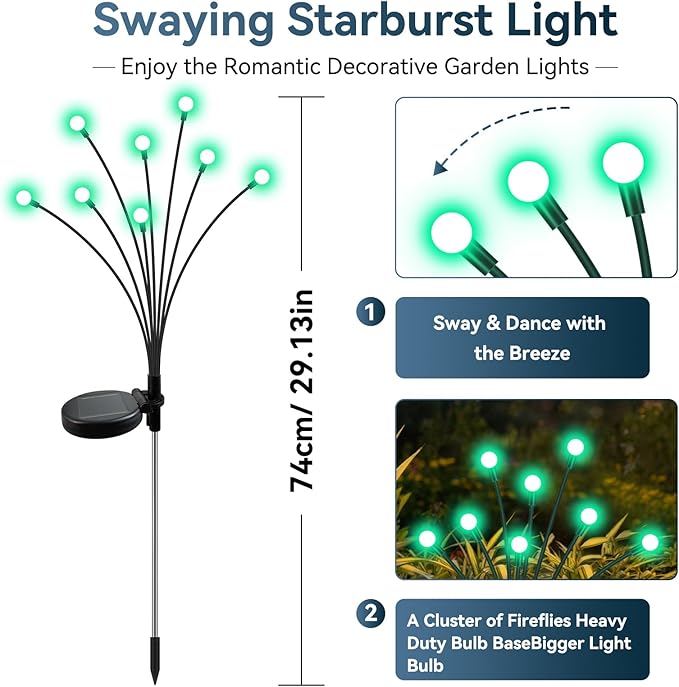 Solar Garden Lights Outdoor Waterproof, 2 Pack 16 LED Swaying Firefly Lights Outdoor Decor Light for Pathway Party Christmas Decoration, Unique Gifts for Women, Green