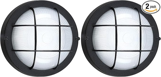 GRUENLICH 8'' Round LED Bulkhead Light, Outdoor Wall Lights Dimmable, Sauna & Exterior Lighting, ETL Rated, 15W 1600 Lumen, 5000K Daylight White, Black Cast Aluminum, Wall/Ceiling Mount, 2 Pack