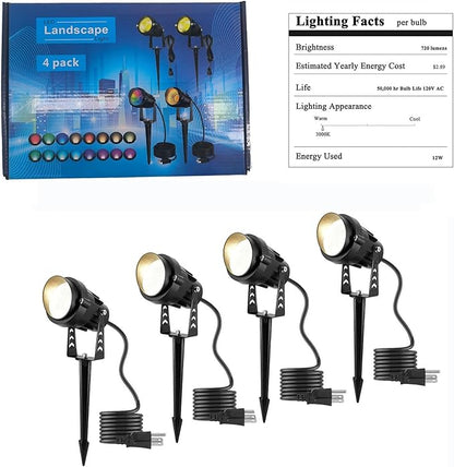 Outdoor LED Warm White Spotlights, 3000K Landscape Spot Lights, 12W IP65 Waterproof Metal Case SpotLighting with Spiked Stand for Lawn Decorative Lamp (4 Pack)