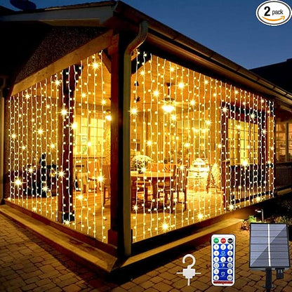 2 Pack Solar Curtain Lights Outdoor Garden Fairy String Lights 300 LED 8 Modes Remote Control Waterproof Solar Waterfall Lights for Gazebo Patio Party Festival Wedding Christmas Decorations(Warm)