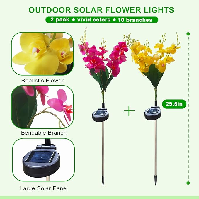 Solar Flower Lights, 2 Pack Solar Flowers with Purple & Yellow Orchids, Solar Outdoor Lights, Waterproof Solar Garden Lights for Yard, Patio, Pathway, Lawn, Flowerbed, Grave, Cemetery Decor