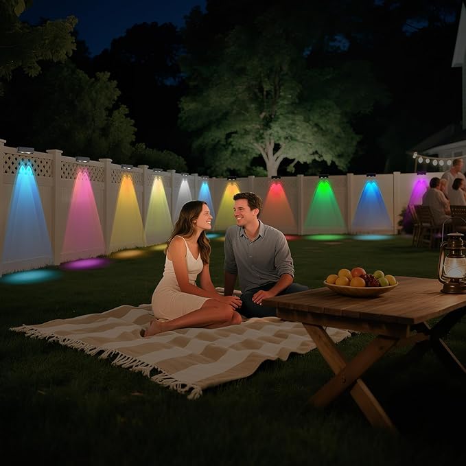 2 Pack Solar Fence Lights Outdoor with 12 Modes LED Lens RGB Color Fixed Changing for Patio, Backyard, Deck, Fence, Railing, Waterproof