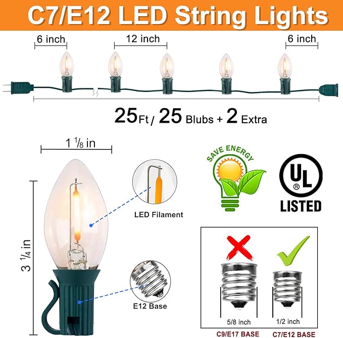 25FT C7 LED Christmas Lights Outdoor Warm White, Vintage Christmas LED String Lights Clear Plug-in Waterproof E12 Base (0.6 W) for Indoor Xmas Tree Outdoor Holiday Roofline, Garden, Patio, Party Decor