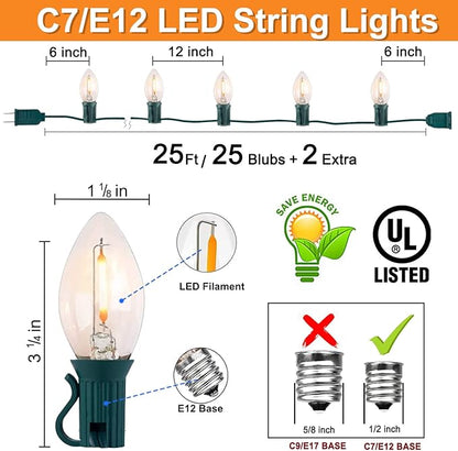 25FT C7 LED Christmas Lights Outdoor Warm White, Vintage Christmas LED String Lights Clear Plug-in Waterproof E12 Base (0.6 W) for Indoor Xmas Tree Outdoor Holiday Roofline, Garden, Patio, Party Decor
