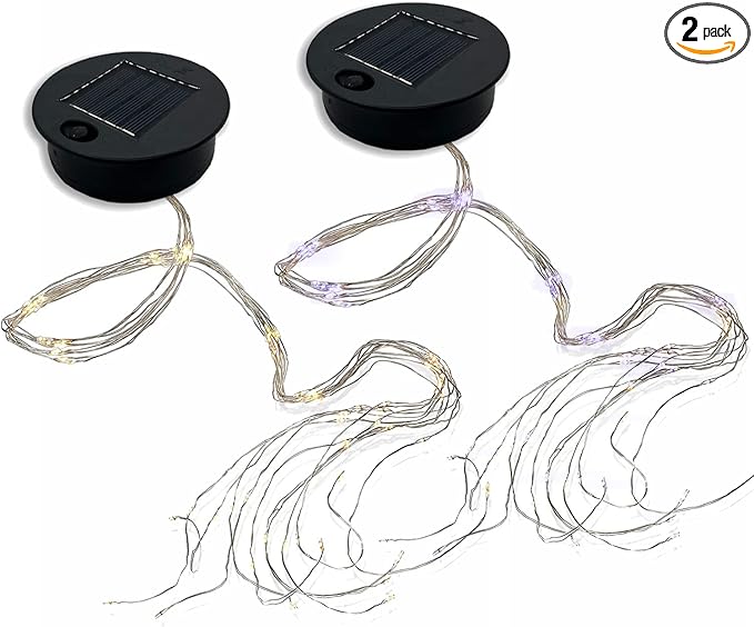 2 Pack Solar Watering Can String Lights - Round Solar Panel Outdoor Waterproof 32 Ft LED Copper Wire Hanging Lanterns Battery Box Replacement Accessories (Warm/Cold)