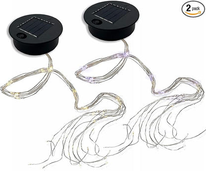 2 Pack Solar Watering Can String Lights - Round Solar Panel Outdoor Waterproof 32 Ft LED Copper Wire Hanging Lanterns Battery Box Replacement Accessories (Warm/Cold)