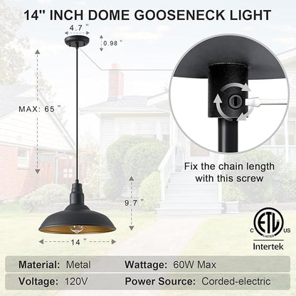 2 Pack Farmhouse Pendant Light for Kitchen, 14in Large Industrial Hanging Lights with Brass Interior, Indoor and Outdoor Ceiling Barn Lighting Fixture with Ajustable Cord for Dinning Room