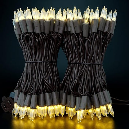 YULETIME 200 Warm White LED Christmas Lights, 66 Feet Brown Wire UL Certified Commercial Grade Holiday String Light Set