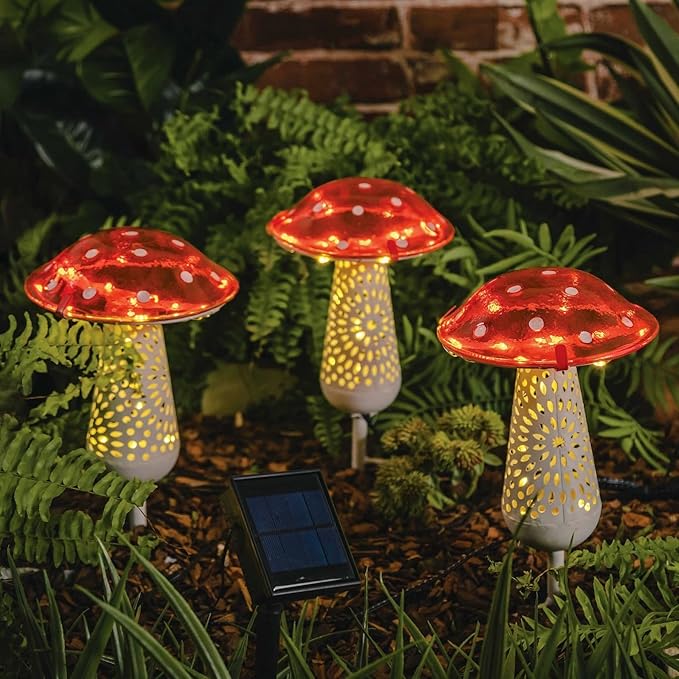 Giant Red Mushroom Solar Light - 12''H Glass and Metal Outdoor Decor Stake Light, 3-PACK, Large
