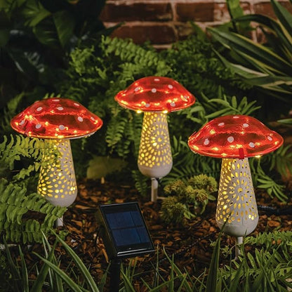 Giant Red Mushroom Solar Light - 12''H Glass and Metal Outdoor Decor Stake Light, 3-PACK, Large