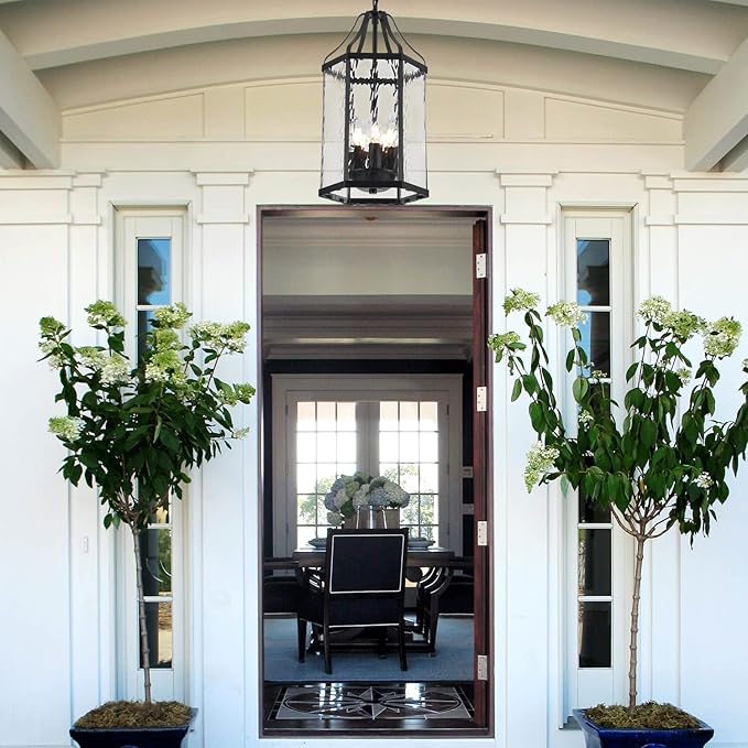 10" Modern 5-Light Exterior Black Lantern Pendant Light Fixture with Clear Rippled Glass Mini Industrial Hanging | Lumora