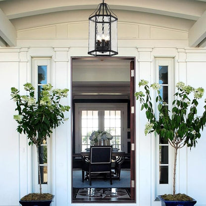 10" Modern 5-Light Exterior Black Lantern Pendant Light Fixture with Clear Rippled Glass Mini Industrial Hanging Cage Chandelier for Outdoor Kitchen Dining Room Hallway Entryway Foyer Porch