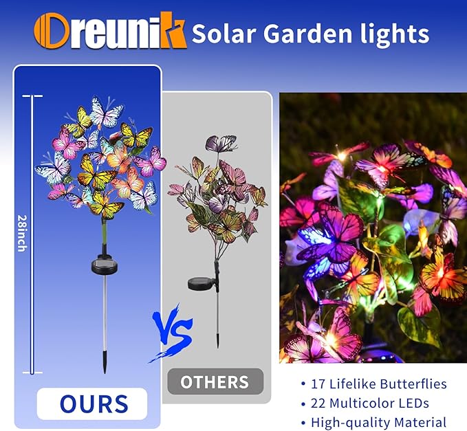 Butterfly Solar Lights for Outside, 2 Pack 34 Butterfly Waterproof Decorative Garden Lights, Color-Changing Butterfly Design, Outdoor Solar Powered LED Lights for Patio,Yard,and Pathway