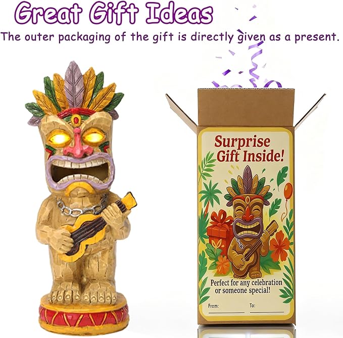 Solar Tiki Garden Statue with LED Eyes Outdoor Resin Ukulele Player Yard Decor Solar Light Hawaiian Style Lawn Ornament for Patio Porch Tiki Bar Decor Best Gift for Tiki Lovers