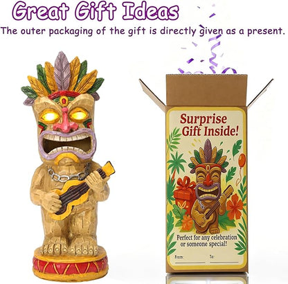 Solar Tiki Garden Statue with LED Eyes Outdoor Resin Ukulele Player Yard Decor Solar Light Hawaiian Style Lawn Ornament for Patio Porch Tiki Bar Decor Best Gift for Tiki Lovers