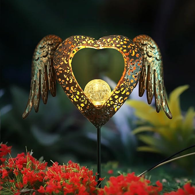 Solar Garden Lights Waterproof Metal Solar Warm White LED Stake Light Memorial Gift Metal Stakes Lights Crackle Glass Light for Lawn, Pathway, Patio Decor (Heart-Wing)