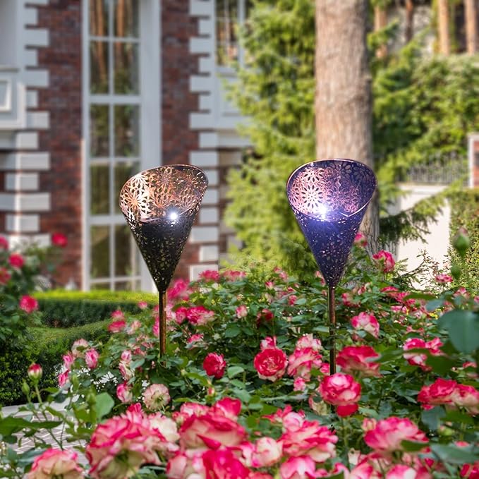 Outdoor Solar Lights Garden, 2 Pack Bronze Torch Metal Stake Waterproof LED Solar Powered Lights for Pathway, Lawn, Patio, Yard