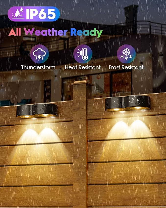 Upgraded Solar Fence Lights Outdoor 8 Pack with Spot Lensed, Warm White, Cold White & RGB 8 Fixed Colors Bright Fence Lights, Waterproof Color Glow Lights for Fence Wall Step Deck Railing Patio