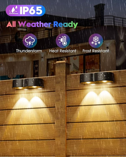 Upgraded Solar Fence Lights Outdoor 8 Pack with Spot Lensed, Warm White, Cold White & RGB 8 Fixed Colors Bright Fence Lights, Waterproof Color Glow Lights for Fence Wall Step Deck Railing Patio