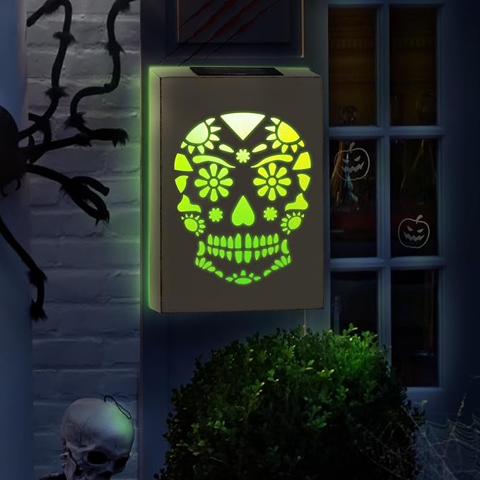 HUAXU Halloween Decorations Outdoor Solar Color Changing Skull Wall Decor LED Lights Skeletong Gost Scary Garden Decor Waterproof Solar Lights for Door Patio Yard Porch Pathway Clearance