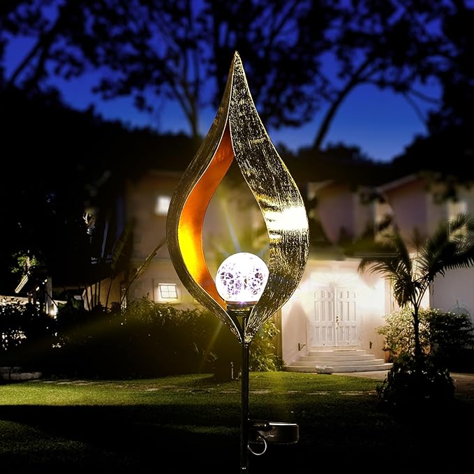 Outdoor Solar Lights Garden, Flame Crackle Glass Globe Stake Metal Waterproof LED Lights for Pathway, Lawn, Patio, Courtyard, Backyard