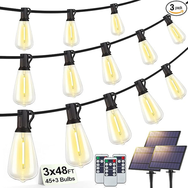 144FT(3x48FT) Solar Outdoor String Lights with Remote & Timer, Waterproof Dimmable Patio Lights with 45+3 ST38 LED | Lumora