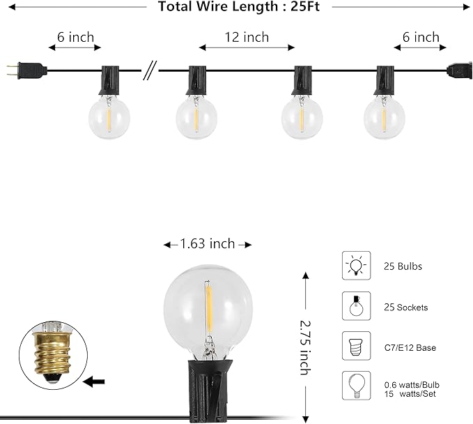 JONATHAN Y JYL8700A-SET2 25' Set of 2 Outdoor Globe String Lights with 25 G40 Bulbs, UL Listed Waterproof Patio Lights, Connectable Hanging Lights for Backyard, Porch, Wedding, Party Decor, Black