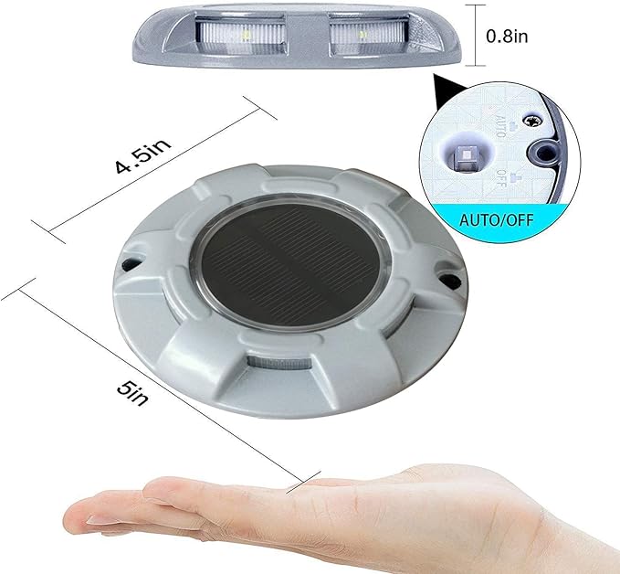 Solar Round Dock Light Waterproof Cast Aluminum Solar Deck Light 6LED Auto On/Off Security Warning Light for Driveway Path Step Pool Patio Garden (6-Pack)