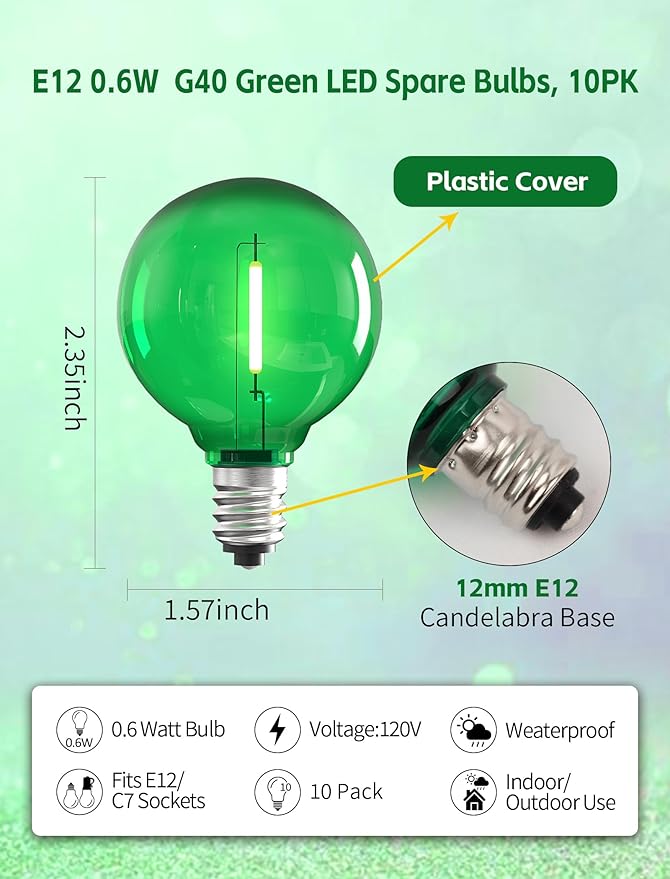10 Pack G40 LED Replacement Bulbs, E12 Candelabra Base, 0.6W Green Globe Light Bulbs, Shatterproof Plastic Shell | Lumora