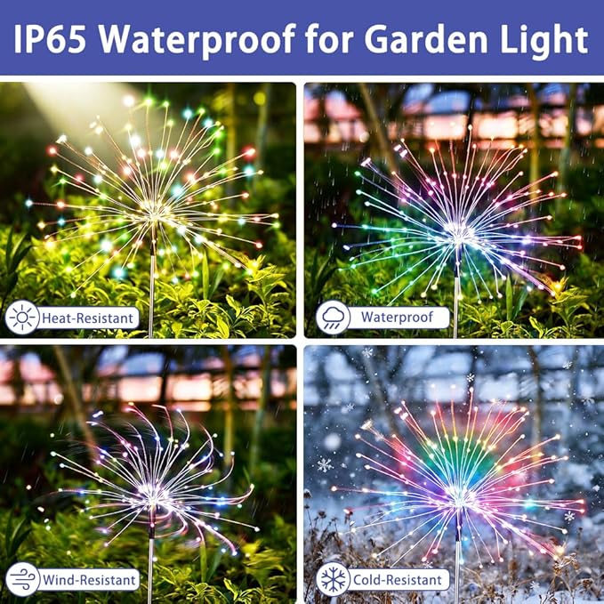 Solar Fireworks Lights for Outside, 150LED 8 Modes Fireworks Solar Lights Outdoor, Fairy Garden Flowers Lights for Yard Pathway Wedding Party Christmas Diwali Garden Decor 4Pack (Multicolor)