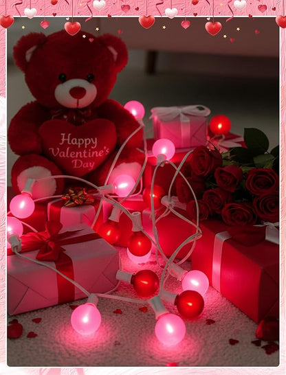 G40 LED Valentine’s Day String Lights, 25Ft Valentines Decorations Lights Outdoor with Frosted Red Pink Round Bulbs, Hanging Patio Lights Shatterproof for Indoor Home Decor Wedding Party, White Wire