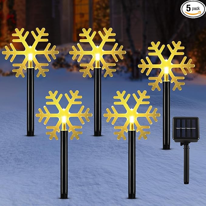 Lewondr Solar Christmas Pathway Lights, 5 PCS Solar Christmas Decorations Outdoor with 2 Lighting Modes, Clear Snowflake Lights with Garden Stake, Waterproof Garden Yard Lawn Patio Holiday Decor