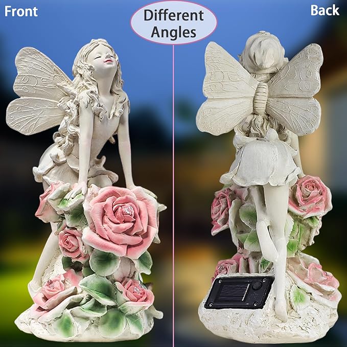 Solar Garden Statues Lights, Flower Fairy Figurine Lights Landscape Light, Resin Angel Figurines for Art Decor, Outdoor Lawn Decor Gifts Garden Figurine for Yard Lawn Patio Balcony (Flower Fairy)