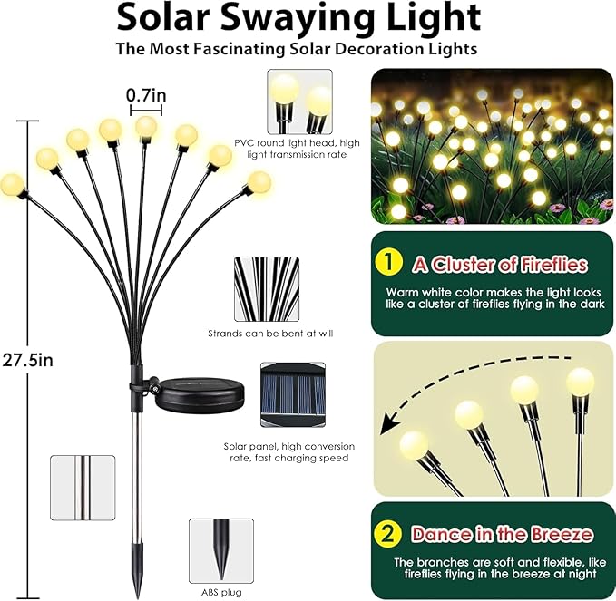 12-Pack Garden Solar Lights, 96 LED Solar Lights Outdoor for Garden Decor, Waterproof Firefly Light Outdoor (Sway | Lumora