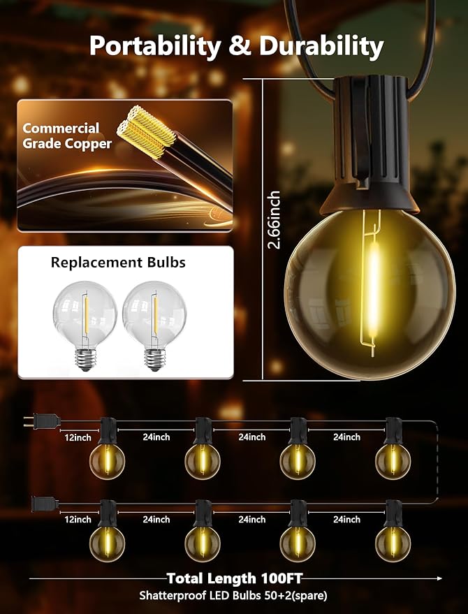100FT LED Outdoor String Lights, G40 Globe Christmas String Lights Waterproof with 50 Warm White Bulbs & 2 Spare | Lumora