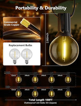 100FT LED Outdoor String Lights, G40 Globe Christmas String Lights Waterproof with 50 Warm White Bulbs & 2 Spare | Lumora