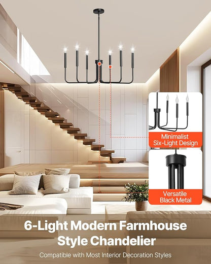 VEVOR 6-Light Chandelier, Metal Farmhouse Chandelier, Adjustable Height, Dining Room Hanging Light Fixture for Ceilings, Modern Chandelier for Bedroom, Foyer, Hall, Kitchen, Living Room and Entryway