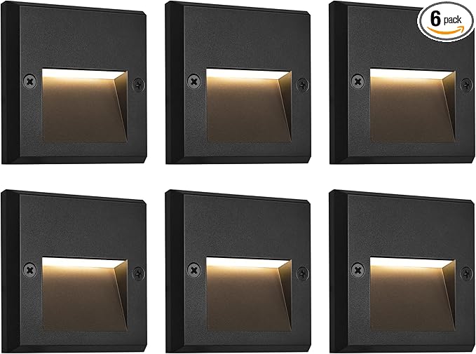 GKOLED 6-Pack Slim Square Low Voltage Deck Post Lights, Outdoor Step Lights, 12V Fence Railing Lighting Fixtures, Die-cast Aluminum, Black, 3000K